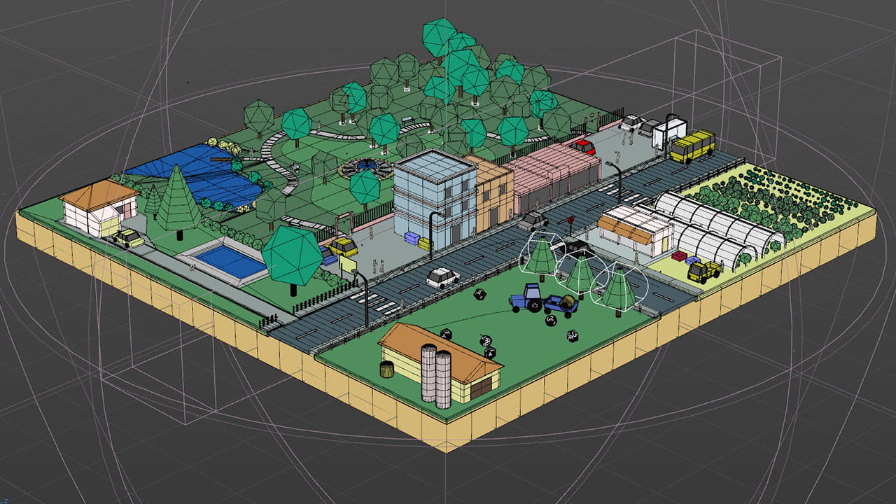 Viewport of isometric rural town animation